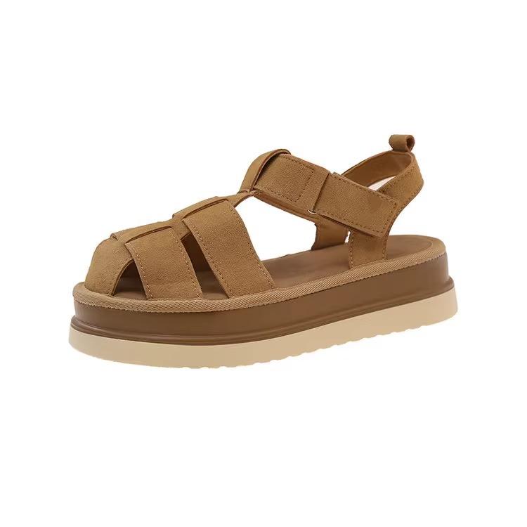 Small leather platform Roman sandals women's 2025 summer Velcro heightening lightweight woven pig cage beach shoes