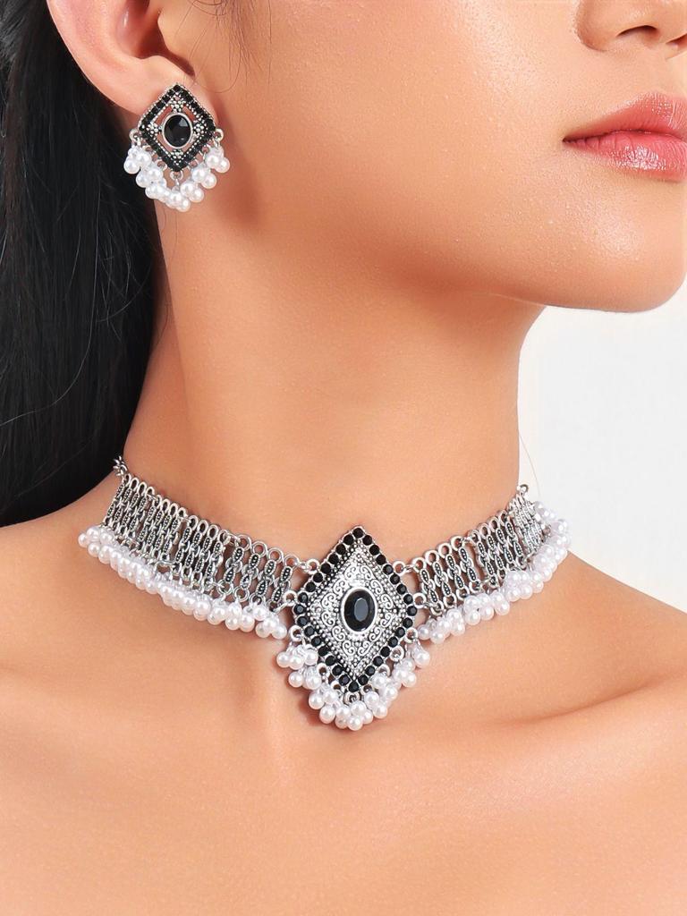 Ethnische geometrische Perlenquaste Rhombus Halsketten- & Ohrring-Set für Damen