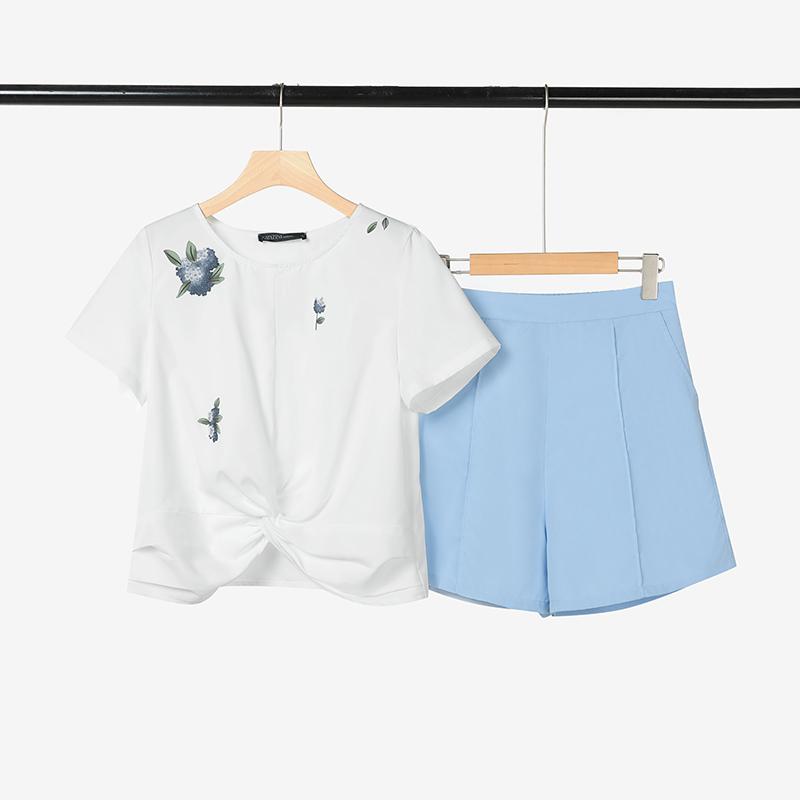 

ZANZEA Женская блузка с коротким рукавом и принтом и шорты Летние костюмы-двойки 4XL светло-синий