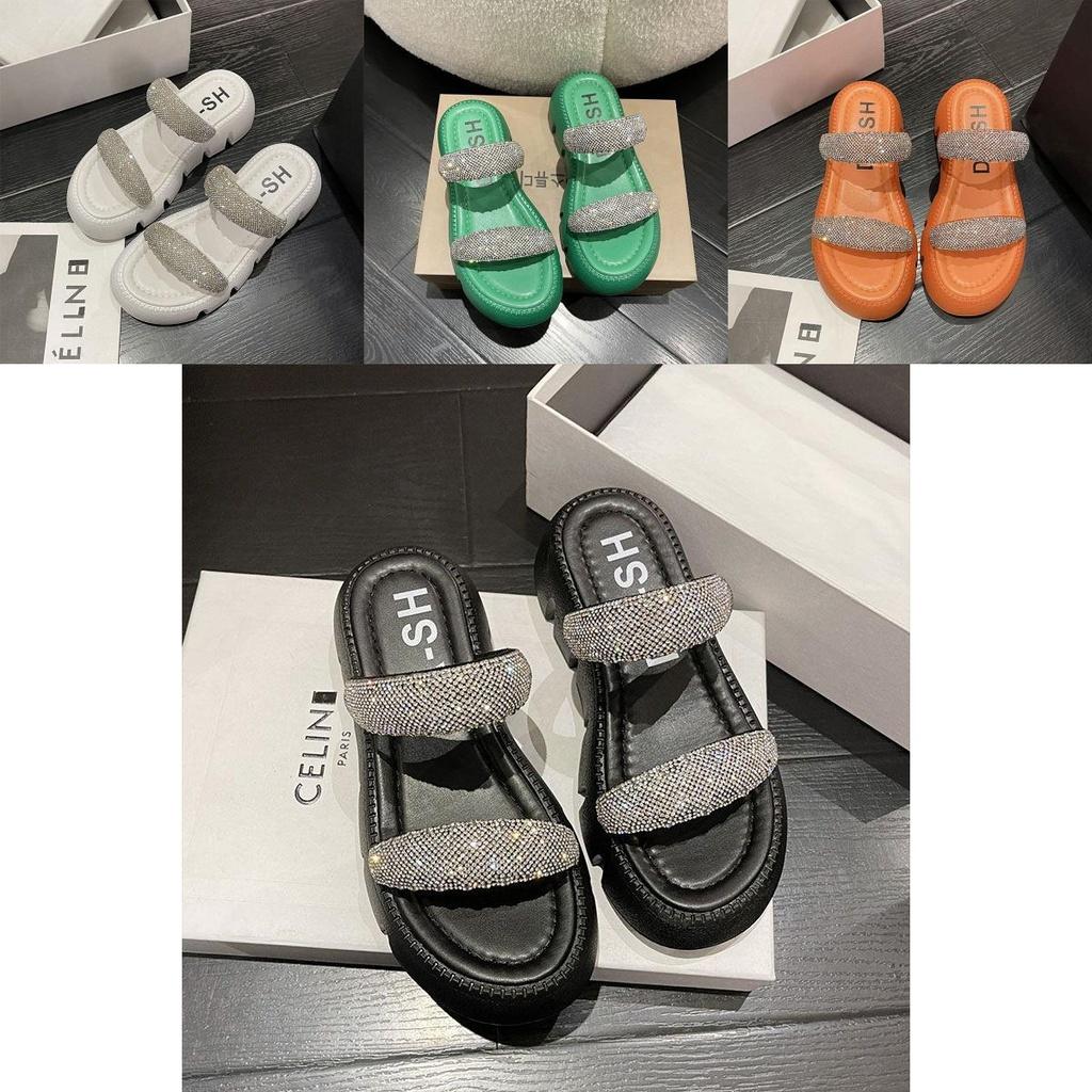 Trendy Women's Summer Slide Sandals In Orange White Green And Black With Stylish Rhinestones And Thick Sole Design Perfect For Casual Outings And