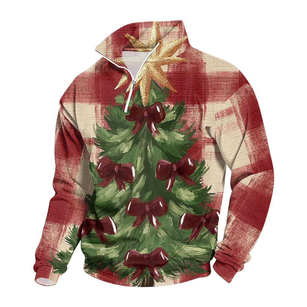Men's Casual Quarter-Zip Stand Collar Sweatshirt with Christmas Print for Holiday Wear