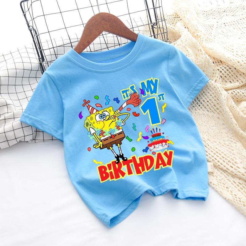 SpongeBob SquarePants Baby party T Shirt Cartoon Birthday Clothes Girl Tees Shirt Clothes Kawaii Summer Tees Tops Baby Clothing 110