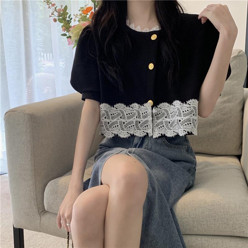 

Summer Design Sense Retro Lace Edge Splicing Shirt Short Fashion Temperament Tops Casual Summer Essential Comfort and Style Slim Fit Pullovers Tees One Size чорний