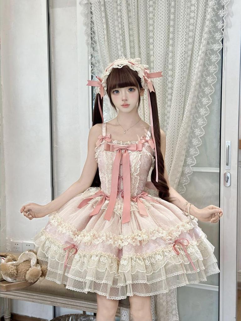 Dreamy Cute Lolita JSK Jumper Skirt with Ribbon and Fluffy Gothic Lolita Mori Girl Idol Dress Size M [XHSUKADO] Lace, Women's One-Piece Dress, Dress,