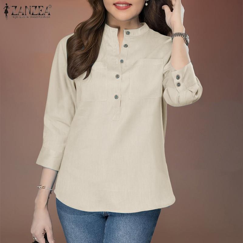 ZANZEA Blusa de Algodón Casual de Mujer con Cuello en V Suelta Manga 3/4