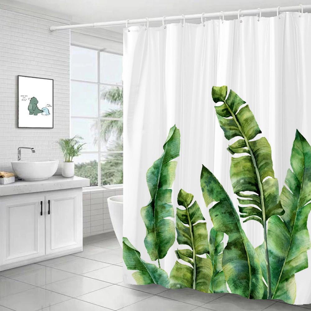 Green Leaf Plant Simple Nordic Printing Bathroom Shower Curtain Polyester Waterproof Home Decoration Curtain with 12 Hooks