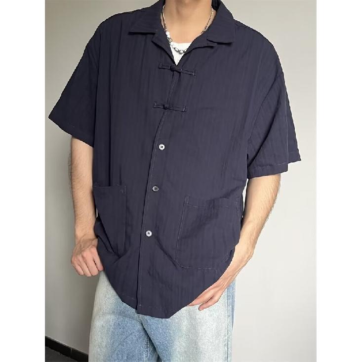 

Летняя одежда мужская ретро повседневная рубашка студенческая свободная нишевая дизайнерская забавная новая мужская верхняя часть для ношения на открытом воздухе 2XL синий