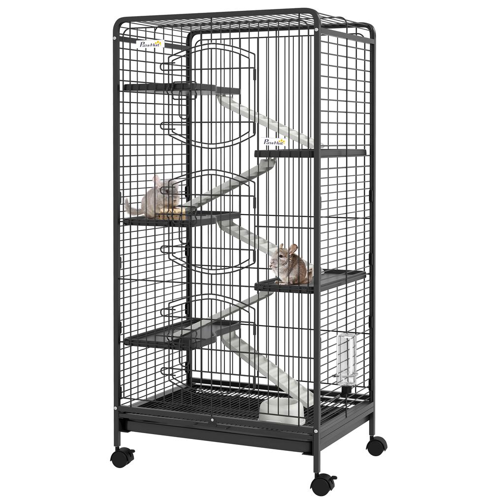 6-Level Rodent Cage with Wheels, Platforms, Removable Tray, Feeder and Waterer, 61.5x44x131 cm, Black