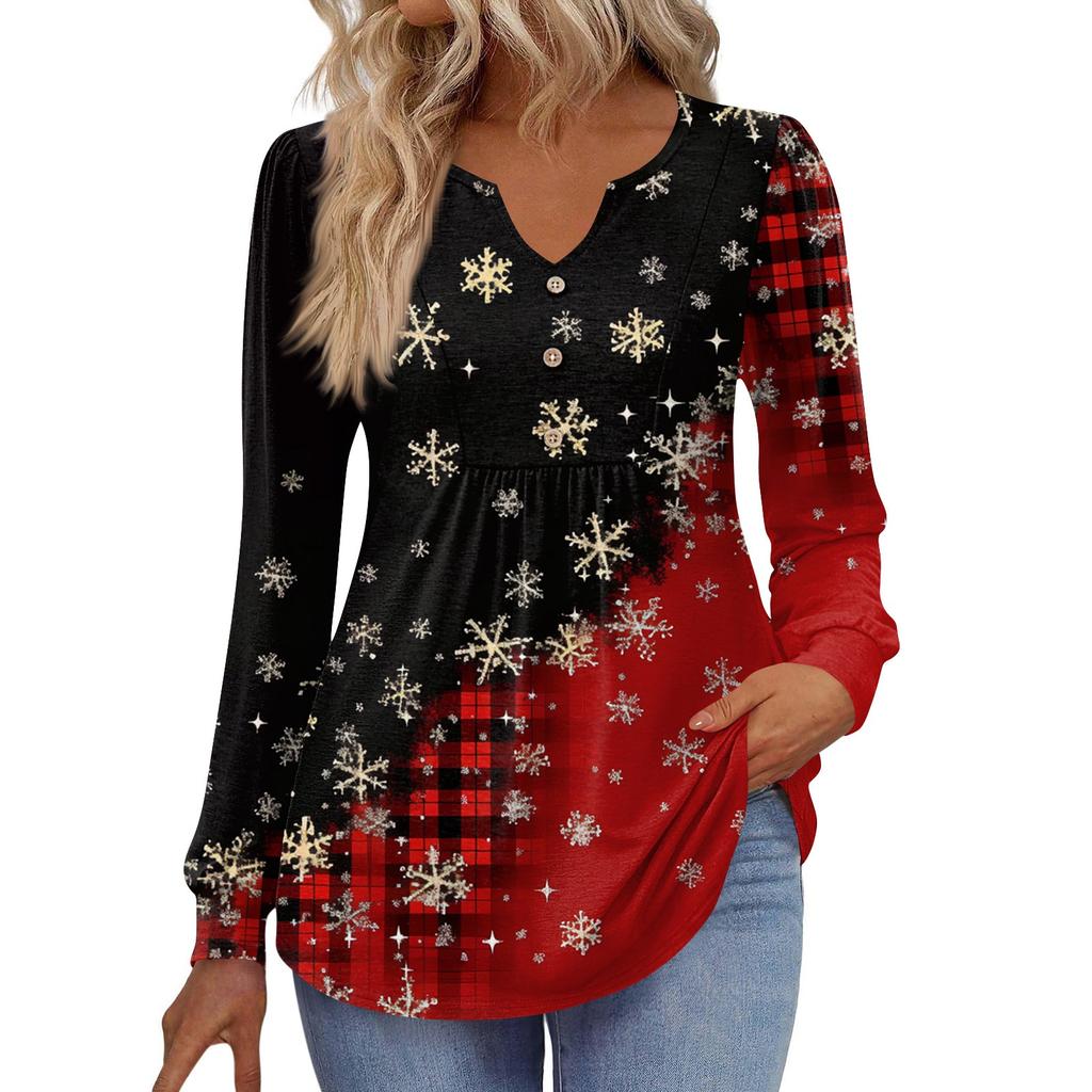 Women's Fashionable Casual V-neck Blouse Button Christmas Printed Long-sleeved Pullover T-shirt Top