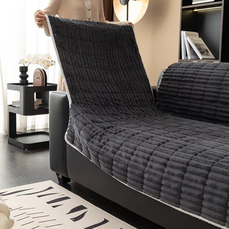 Whole Piece Anti-Slip Quilting Sofa Cover, Thick Warm Stripe Flannel for Winter Living Room Sofa Decor Sofa Towel Slipcover