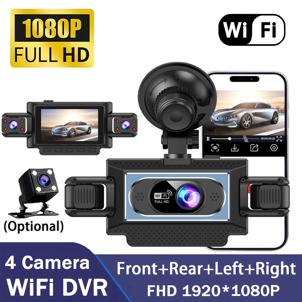 360° autokamera se 4 objektivy pro auta, WiFi aplikace, 1080P, 4-kanálový videozáznamník jízdy, kamera do kabiny a zadní kamera