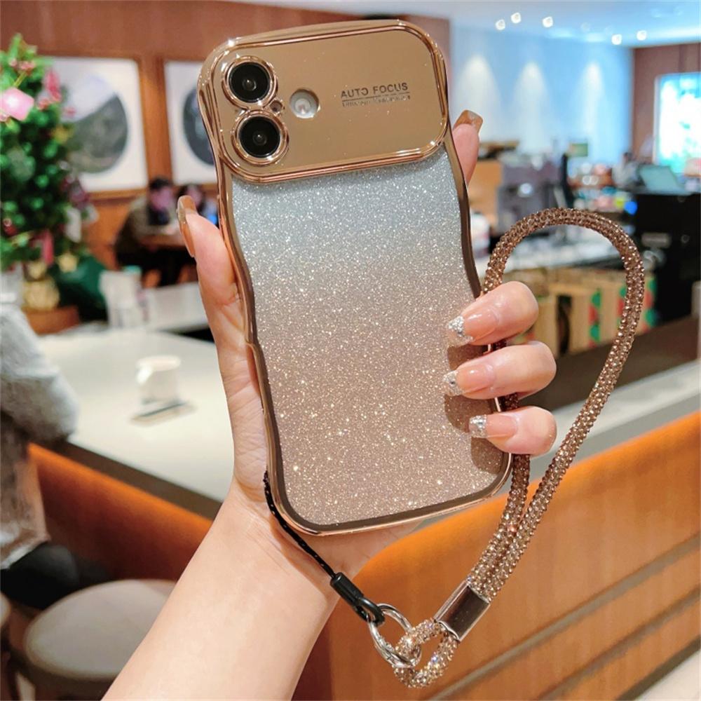 For iPhone 16 Case with Strap Gradient Glitter Electroplating TPU Phone Cover