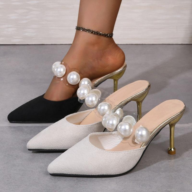Fashion Women's Summer Outward Wear Pointed Toe Stiletto Slippers New Baotou Shallow Mouth Fashion Versatile Pearl High Heels