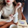 Women's Winter Fleece-Lined Half-High Neck Knit Top Elastic Tight-Fit Thickened Warm Sweater with Ruffled Trim