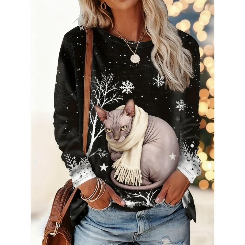 Christmas-themed women's snowflake and kitten print round neck long-sleeved T-shirt, festive black and white casual loose top