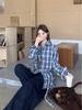 Women's Retro Korean Blue Plaid Tie-Waist Shirt - Long-Sleeve Top for Spring/Autumn 2026