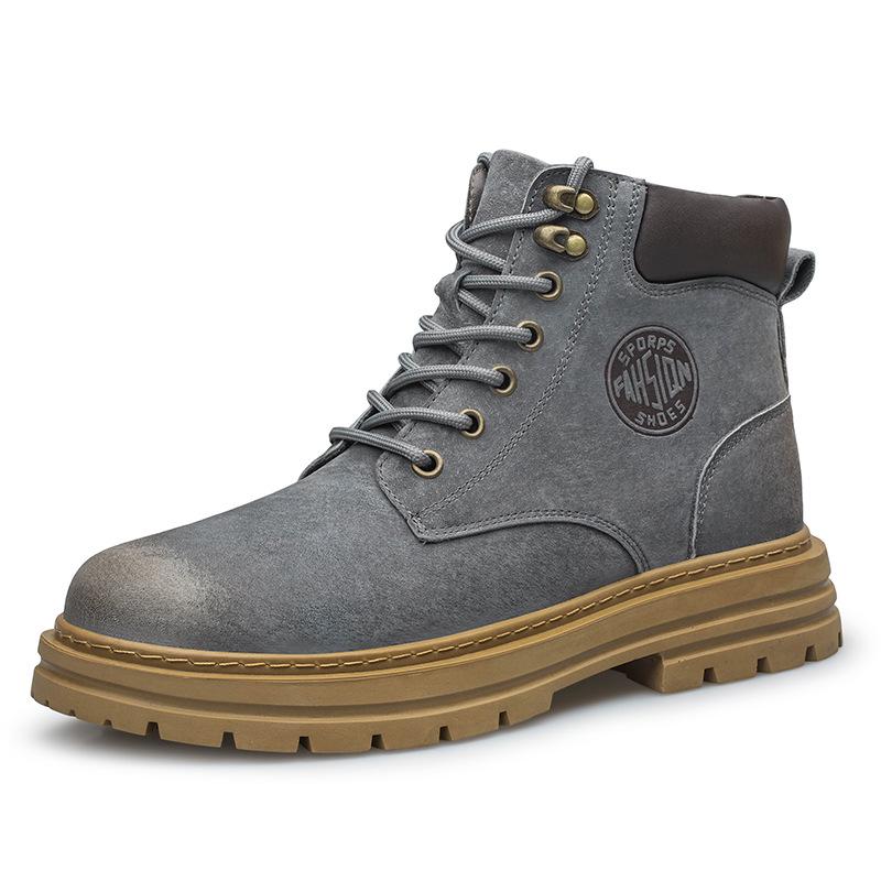 Men's Large Size Winter Genuine Leather Martin Boots, Thick Sole, High-Top, Outdoor, Plus Velvet, Yellow Work Boots.