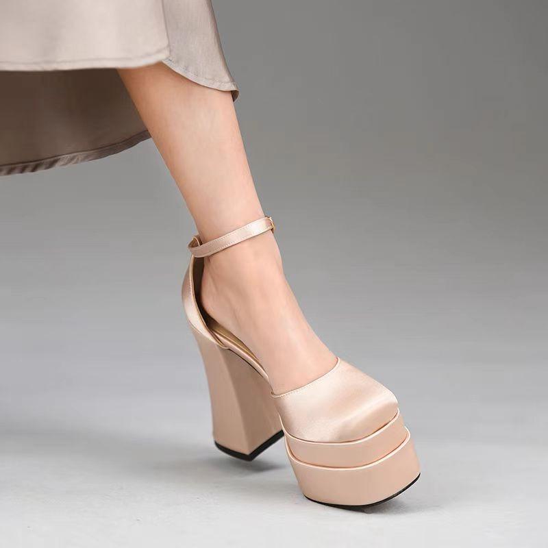 Waterproof Platform Ultra-high-heeled Sandals 12cm Thick Satin White Wedding Bridal Shoes with Bag Head Thick Heeled Shoes