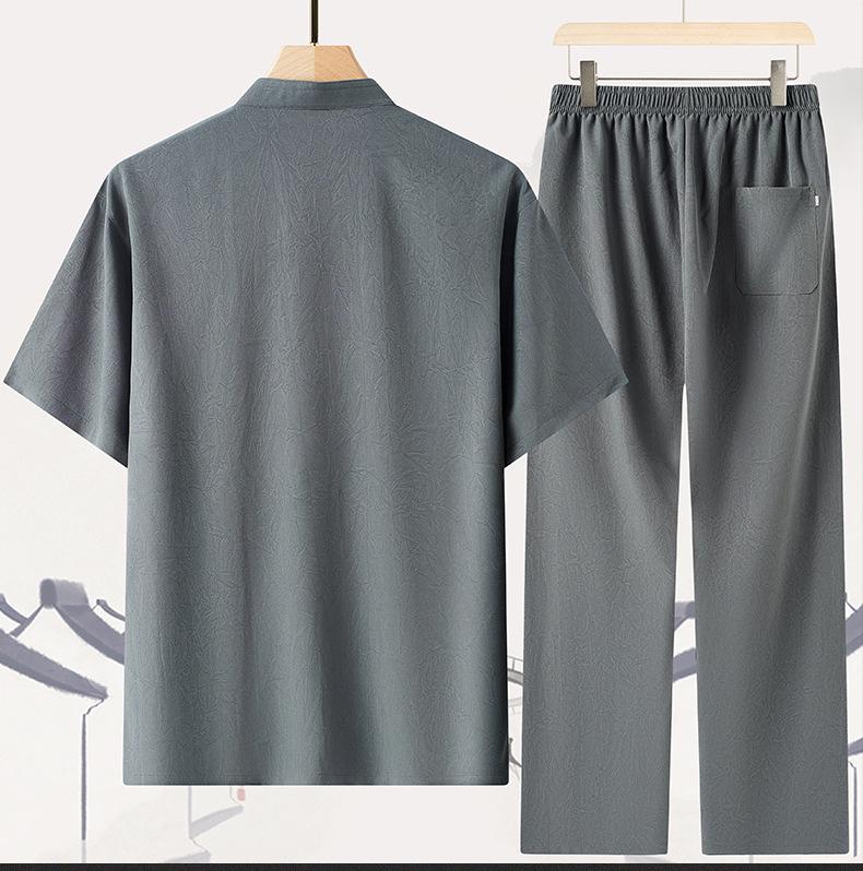 Men's Chinese Style Cotton Linen Short-Sleeved Tang Suit Set for Middle-Aged and Elderly