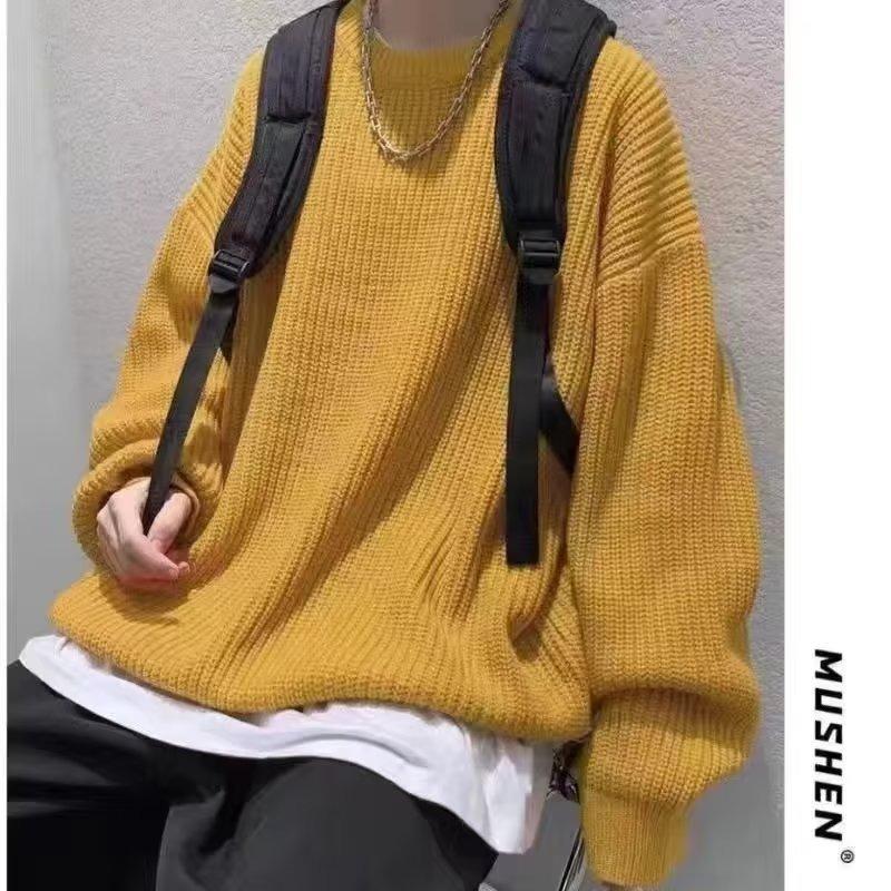 Men S Solid Color Round Neck Loose Long Sleeve Casual Knit Sweater