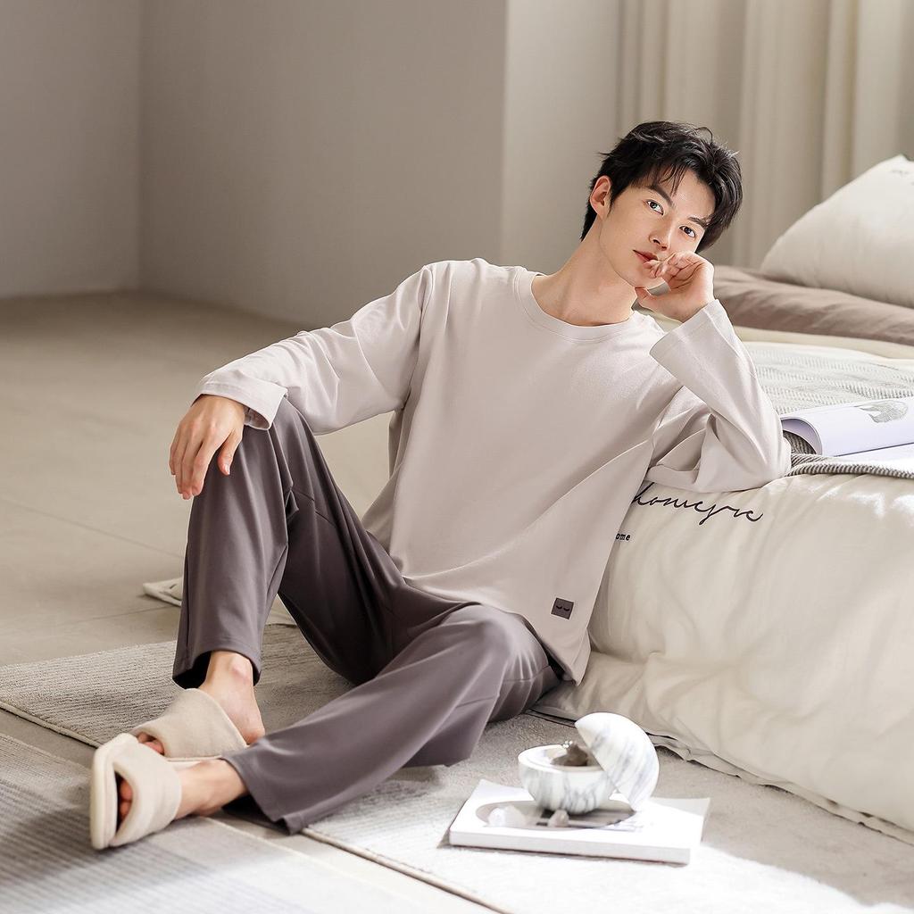 Men's Modal Long Sleeve Pajama Set – Outdoor Wearable, Plus Size, Loose Fit, Casual Homewear for Spring, Autumn, and Winter