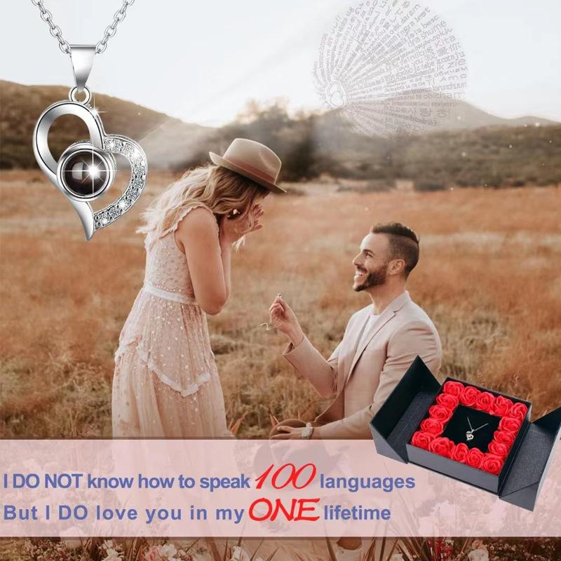 100 Languages Necklace Projection Crystal I Love You Peach Heart Pendant Rose Valentine's Day Gift