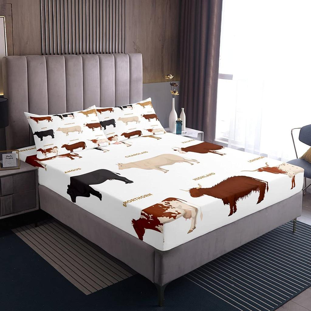 Highland Cow Fitted Sheet,Bull Cattle Bedding Set Yellow Sunflower Print Fitted Bed Sheets Western Farmhouse Theme Cow Bed Decor