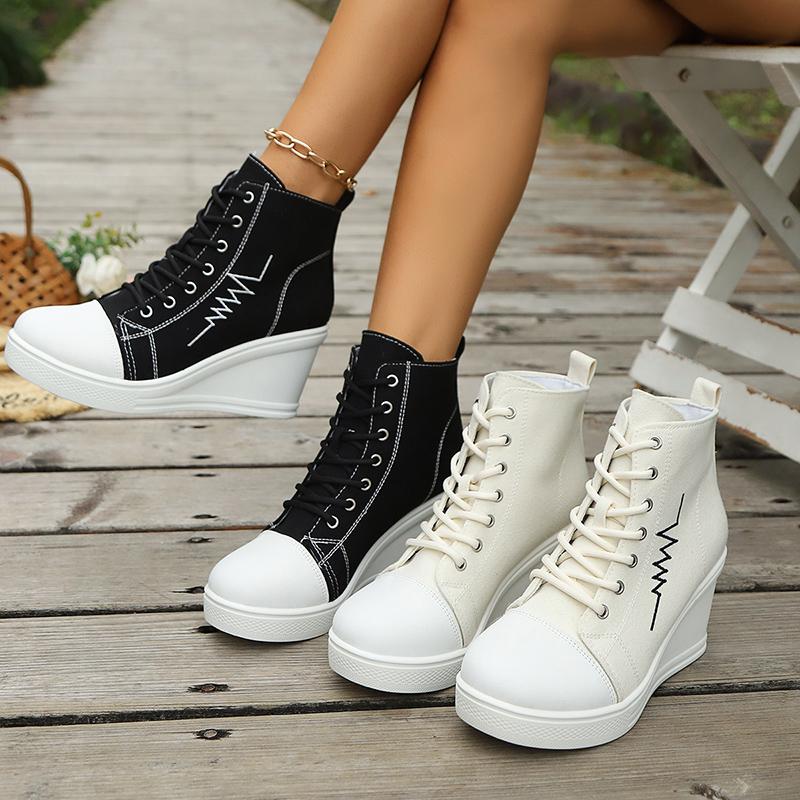 Fashion High Top Wedge Heel Sneakers for Women Fashion Mix Color Lace Up Canvas Shoes Woman Lightweight College Students Casual Sneakers