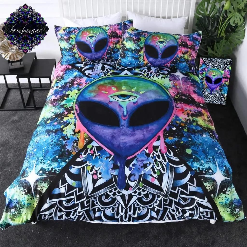 Alien UFO Duvet Cover Queen Boys Kids Supernatural Martiansal Beings From Other Planets Head of An Alien Polyester Qulit Cover