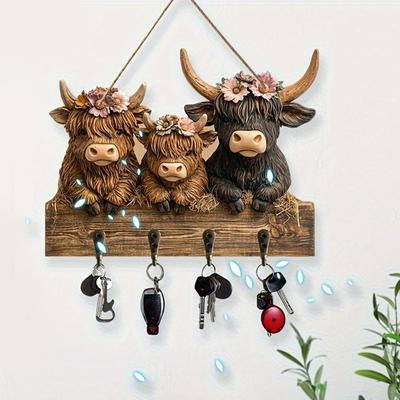 2D Flat Rustic Highland Cow Wooden Wall Decorative Rack with 4 Hooks Towel Key Hooks Coat Hanger for Entryway Hallway Farmhouse