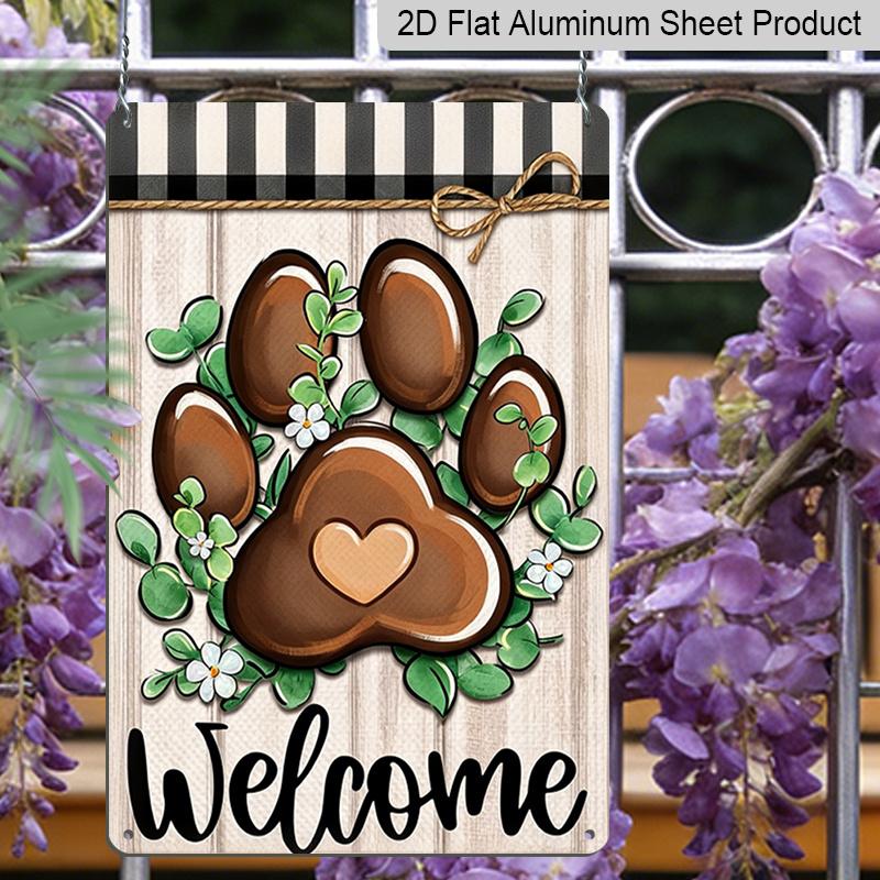 2D Flat Dog Paw Print Welcome Metal Sign, 8×12 Inch Aluminum Wall Art, Rustic Farmhouse Design with Greenery & Plaid, Durable Decor for Pet Lovers
