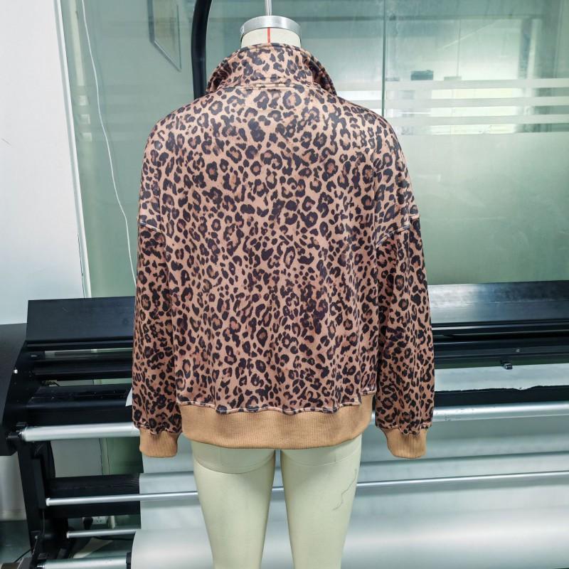Womens Oversized Stand Collar Leopard Print Hoodless Sweatshirt Loose Fit 2025 Casual Long Sleeve Top