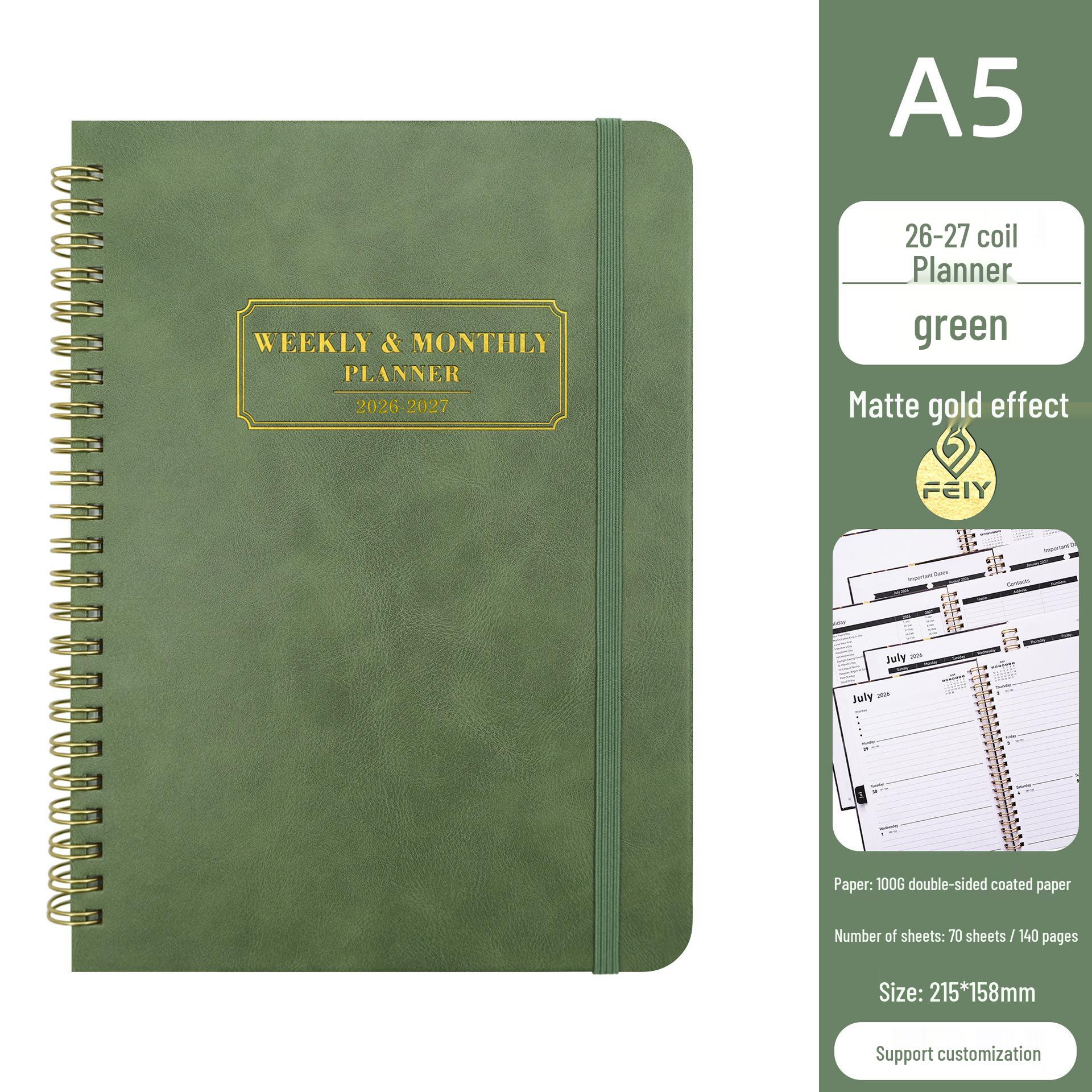 Custom Spiral Cross-Year Planner 2026-2027: Simple English Notebook A5 зелёный