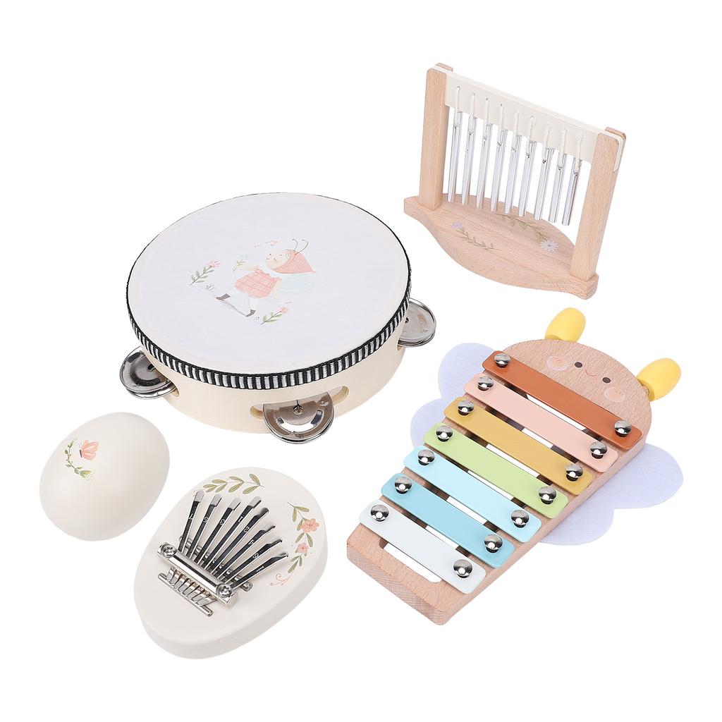 Montessori Wooden Musical Instruments Set Wood Tambourine Xylophone Maracas Wind Chime Early Music Education Toy for