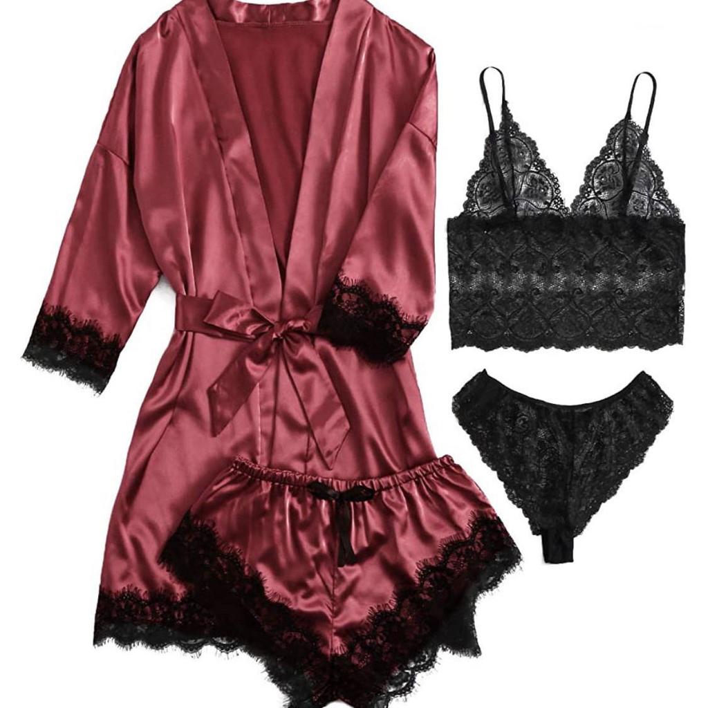 European Luxury V-neck Satin Pajama Set: Lace Cami, Five-Point Sleeve Robe, Four Pieces