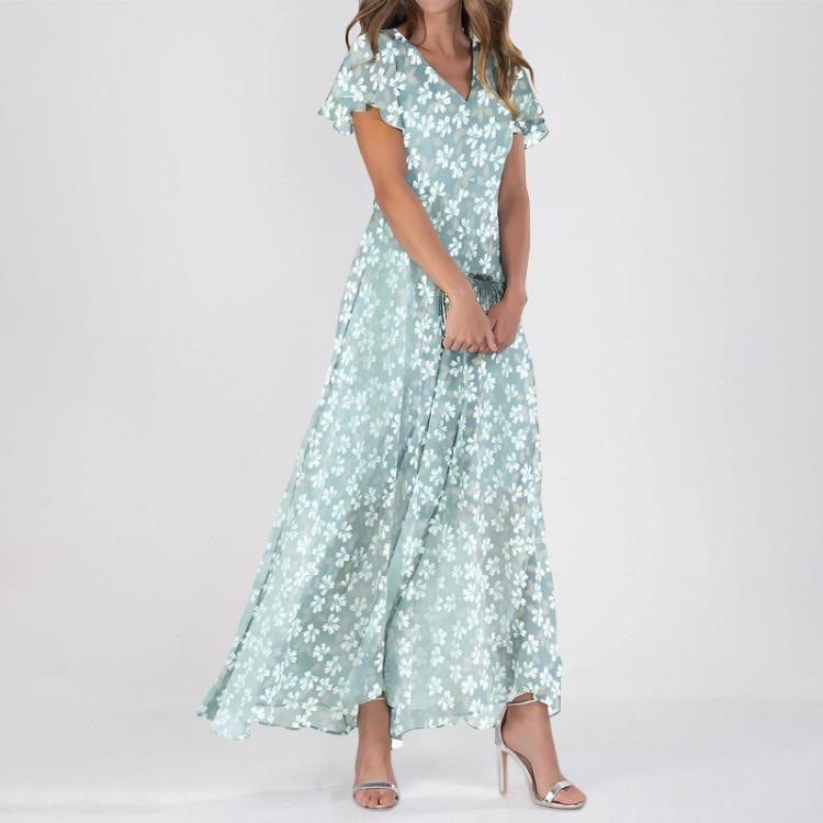Elegant Casual Floral Maxi Dresses for Women Summer Wedding Guest Chiffon Flowing Short Sleeve Cute Dresses