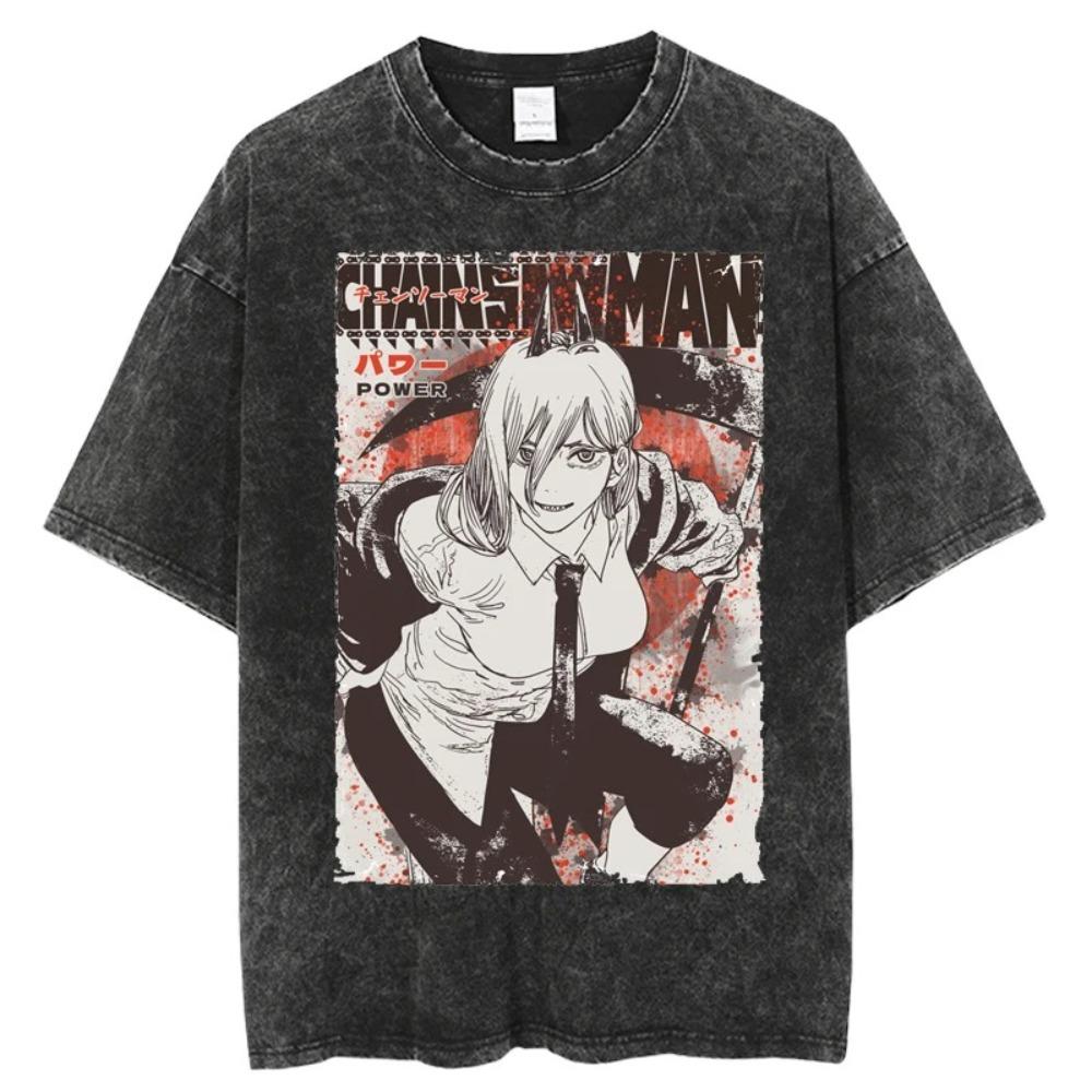 Chainsaw Man Denji Chainsaw Form Blood Splatter Vintage Washed Anime T-Shirt, Unisex Manga Fan Streetwear Tee, 100% Cotton Casual Short Sleeve Top