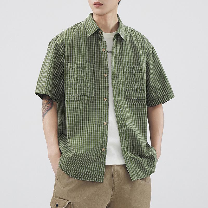 Retro Men's Short-sleeved Shirt Plaid Casual American Work Shirt Jacket