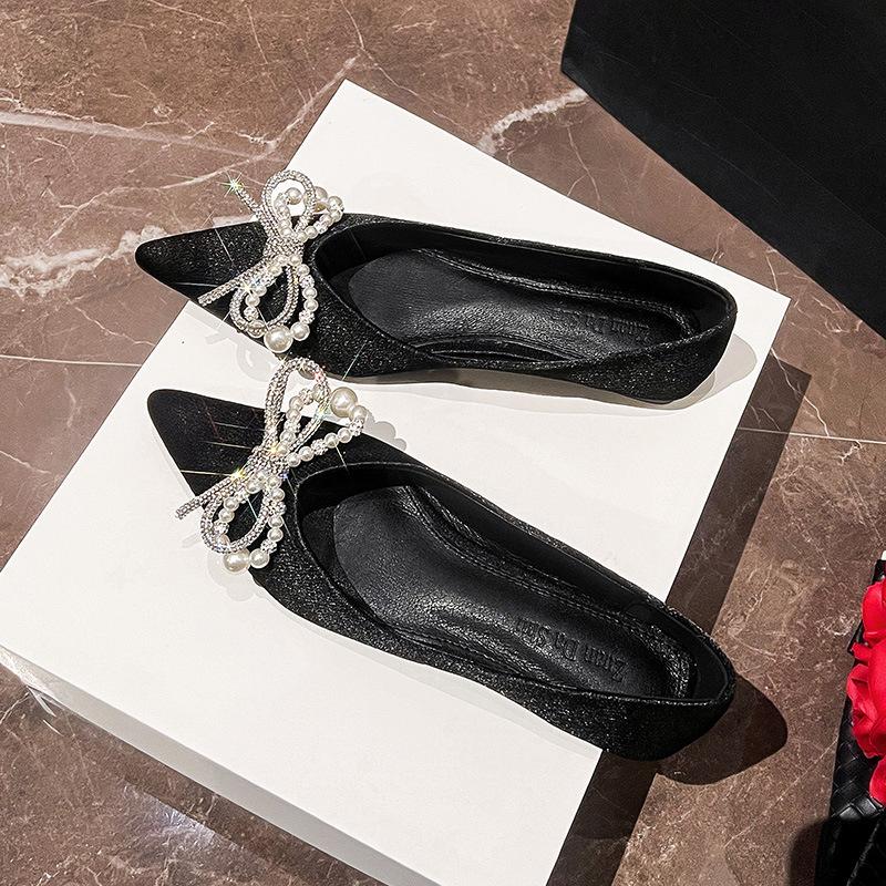 

Модные роскошные дизайнерские туфли-балетки с жемчужным бантом для женщин, остроносые, на шелковых завязках, женские хрустальные мокасины с бантом, свадебные туфли, большой размер 43 34 чёрный