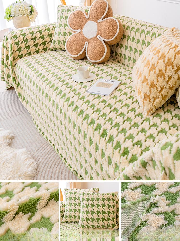 New Winter Lamb Velvet Sofa Cover Cloth Houndstooth Sofa Towel Full Cover Light Luxury Backrest Sofa Cover