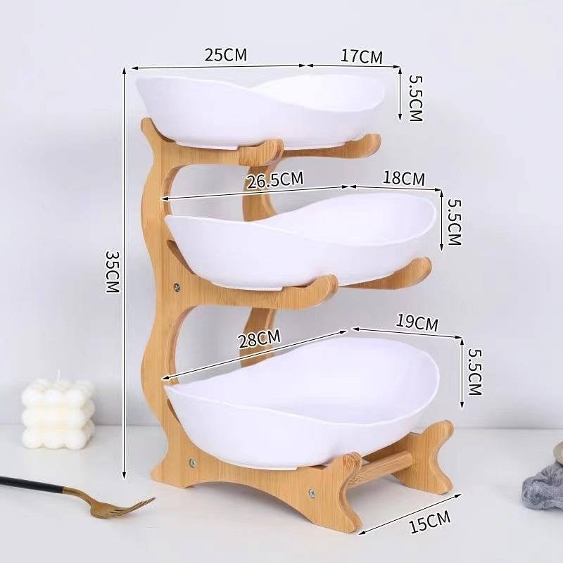 Creative Multi Tier Fruit Bowl European Ceramic Dessert Plate Bamboo Wood Rack Home Candy Bowl Fruit Basket