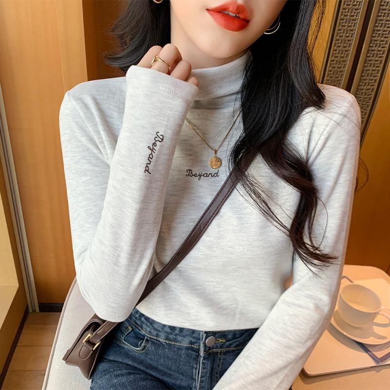 Autumn and winter semi-turtleneck thickened German velvet long-sleeved shirt women's warm bottoming shirt slim and thin suit inner top