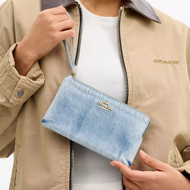 COACH Corner ZipWristlet Denim Wallet Clutch Large Women's Indigo CEF68-IMNIM