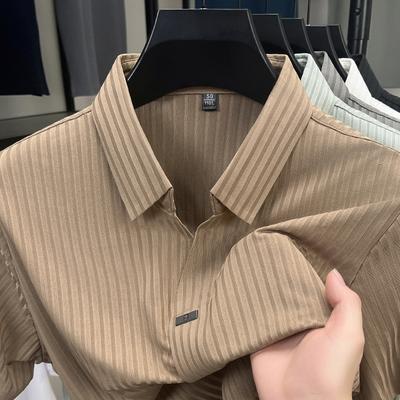 Traceless Ice Silk Short-Sleeved Polo Shirt Men'S High-End Cool Dark Striped Solid Color V-Neck T-Shirt Men'S Clothing