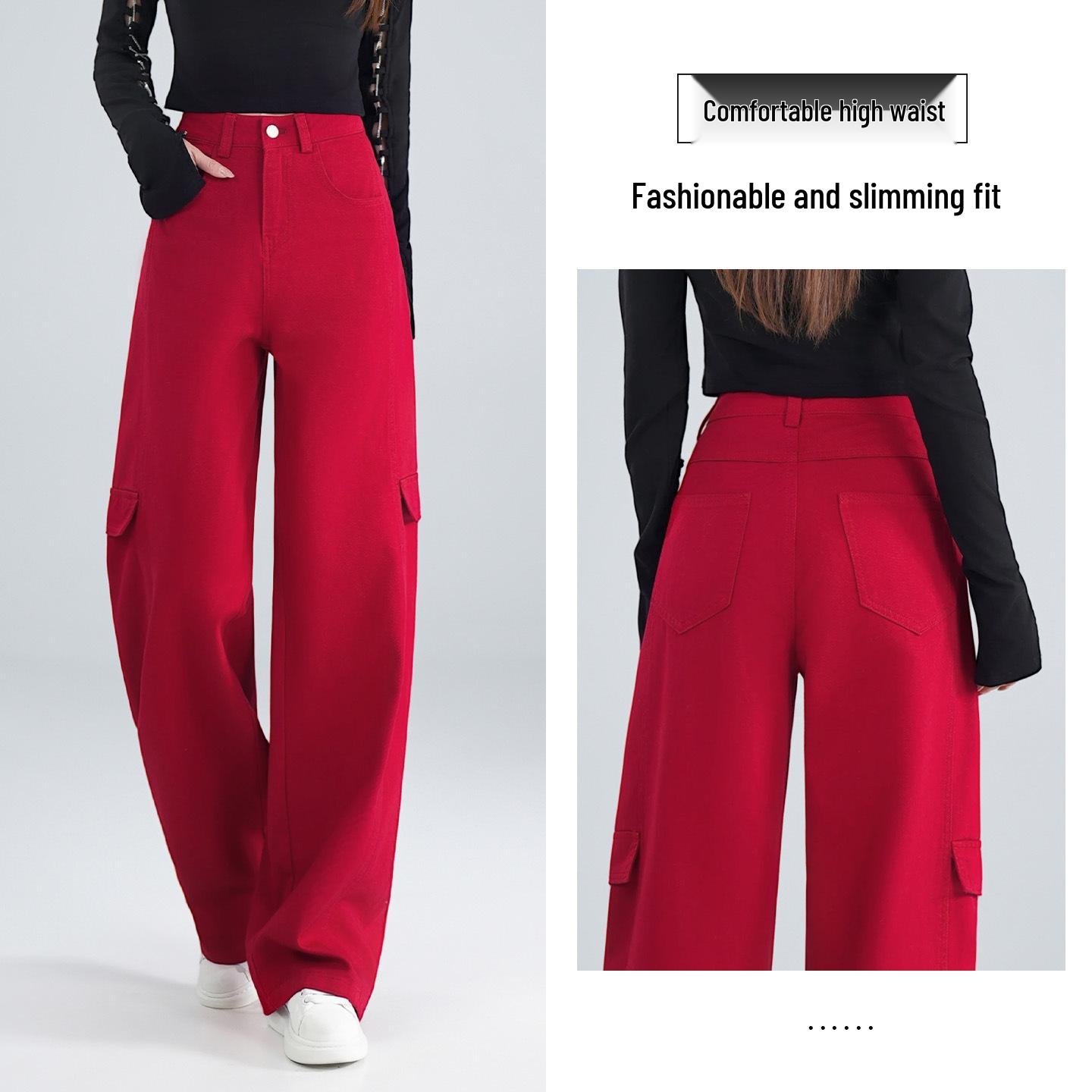 

Women s High-Waisted Red Velvet Cargo Sweatpants - Winter Thickened, Wide-Leg, Casual Sports Pants S (85-95 lbs)