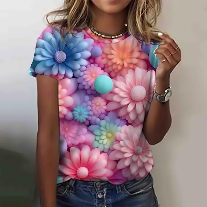 Casual and Versatile High-quality Flower Patterned Short Sleeved Round Neck Women's T-shirts