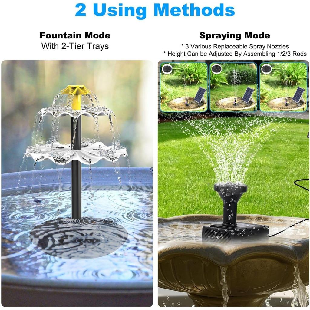 3 Tiered Bird Bath Fountain,Solar Powered Water Pump Waterfall Feature with Colorful Light 3 Nozzles 6W Solar Panel for Garden, BirdBath, Patio, Yard