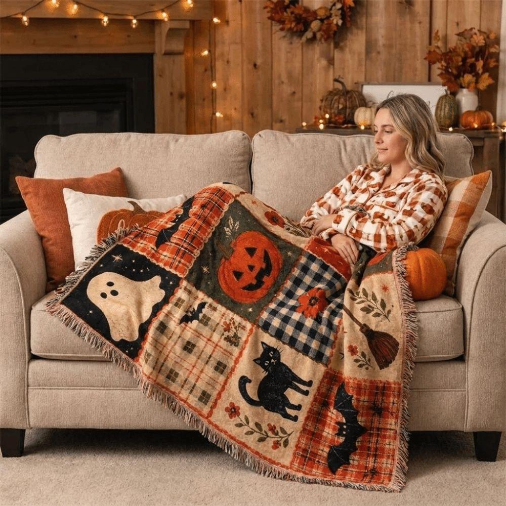 Vintage Halloween Patchwork Blanket Dark Style Warm Pumpkin Ghost Blanket Black Cat Bat Print Soft Sofa Blankets Travel