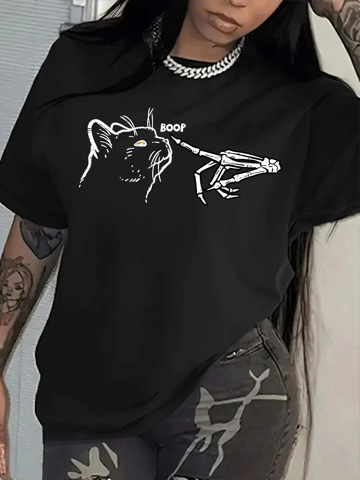 Skeleton Boop T- Shirt | Funny Cat & Skeleton Hand Graphic Tee 3XL