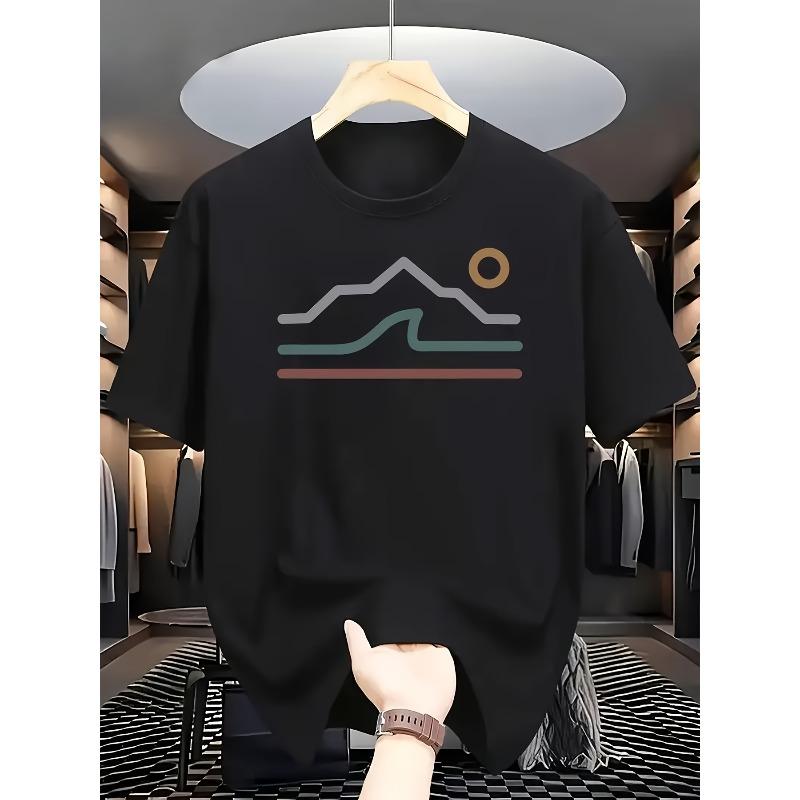 European Size "Simple Lines Wind Mountains Sunrise Pattern Printed White Short Sleeve T-Shirt to Create a Fresh and Natural Wear Style"